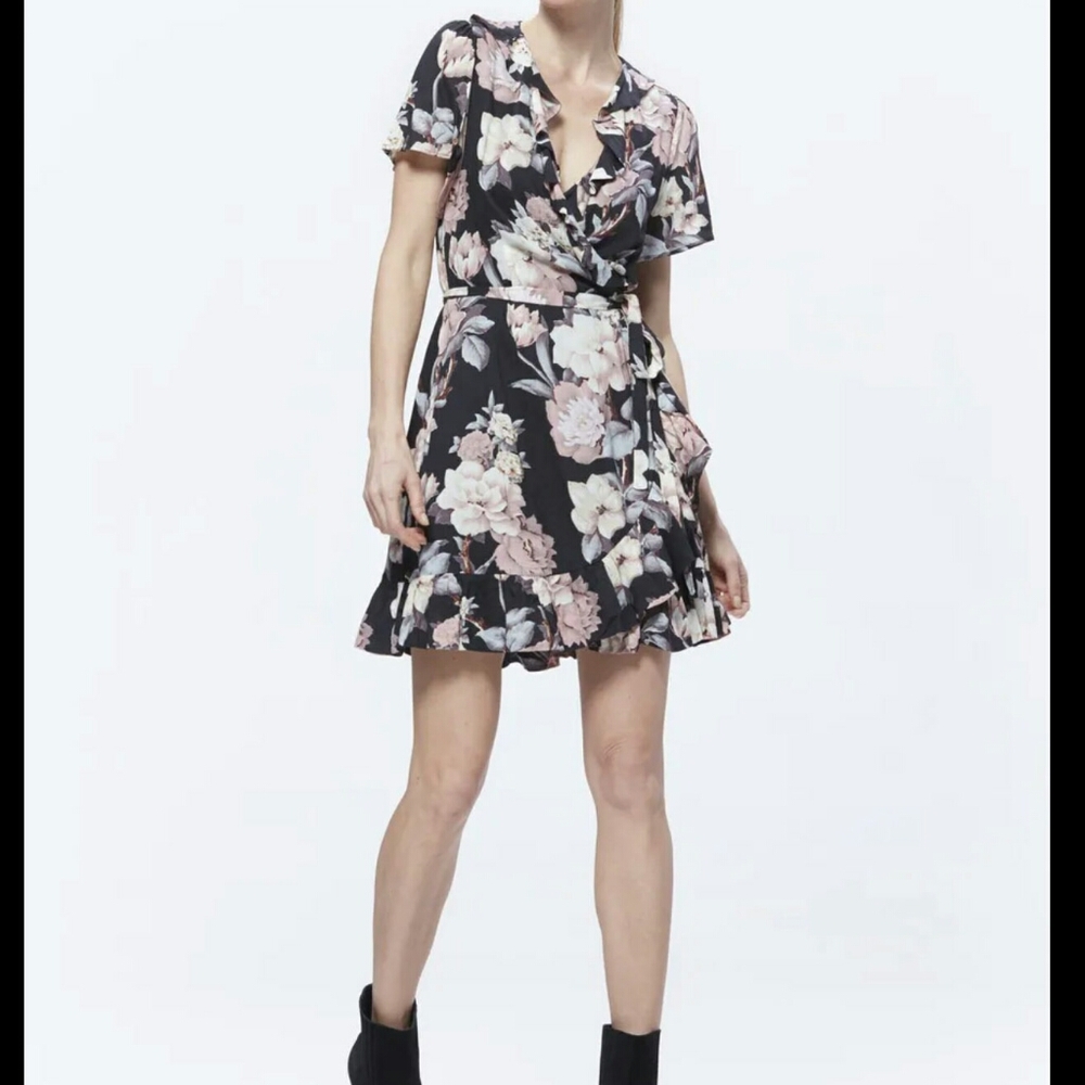 PAIGE Cardamom Floral Wrap Dress Black Sz S
